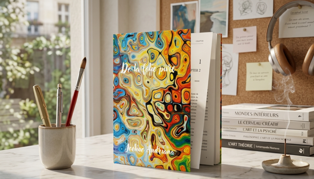 Mise en scène du livre "De la folie pure" du Dr Joéline Andriana posé debout sur une table de travail lumineuse. En arrière-plan, un tableau de liège avec des notes, des écouteurs et une pile de livres sur la psychologie et l'art créent une ambiance de recherche et d'étude clinique.