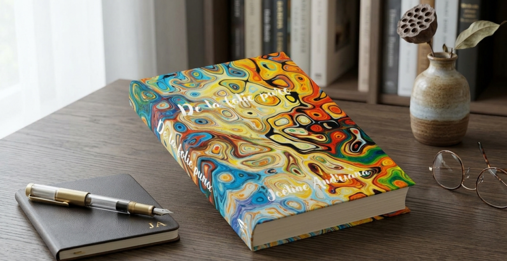 Mockup du livre "De la folie pure" écrit par le Dr Joéline Andriana, Docteur en Psychologie. La couverture présente un design abstrait coloré. Le livre est posé sur un bureau en bois à côté d'un stylo plume, de lunettes et d'un carnet, avec une bibliothèque en arrière-plan. Un ouvrage de référence sur la santé mentale et les mécanismes de l'esprit.