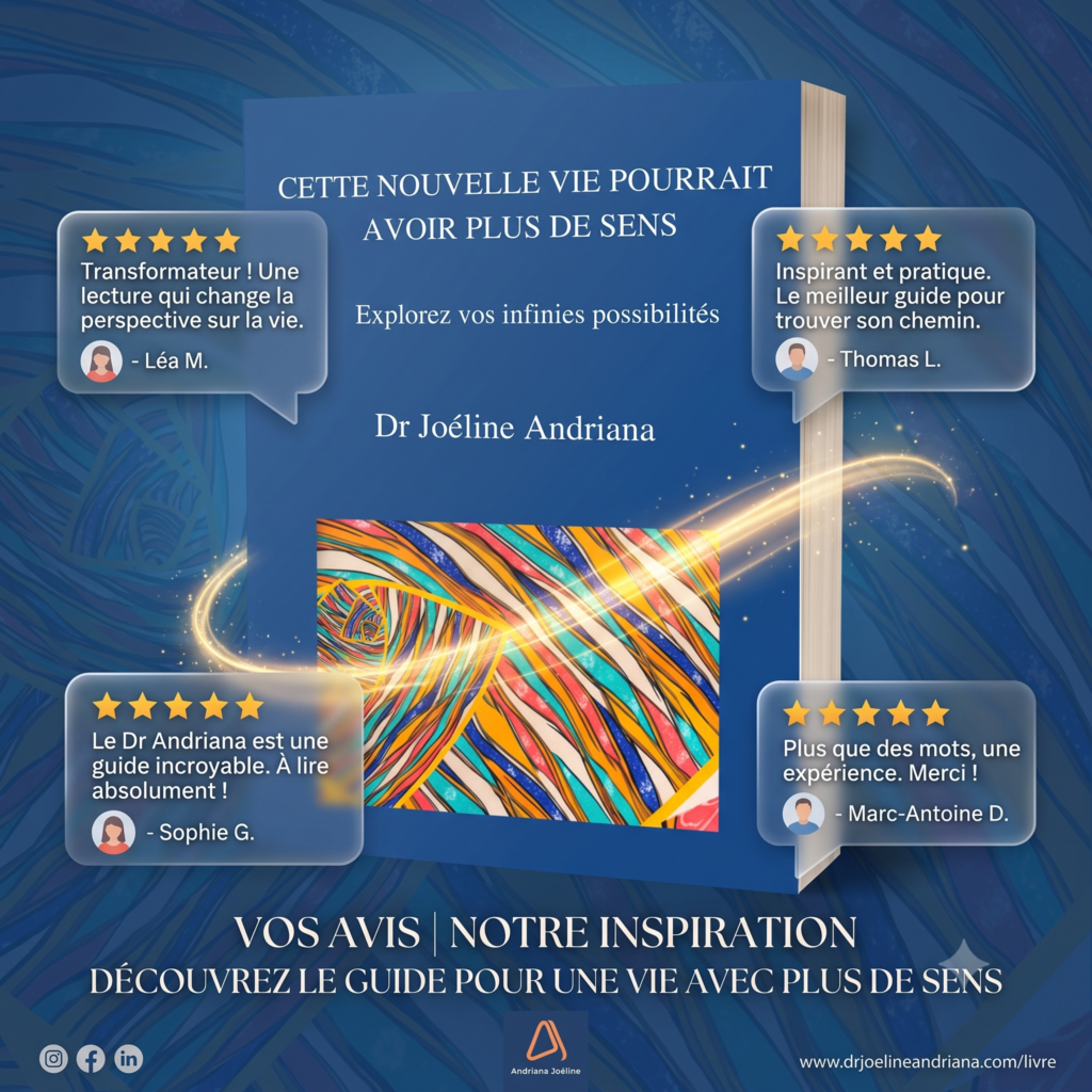 Couverture du livre "Cette nouvelle vie pourrait avoir plus de sens" du Dr Joéline Andriana entourée d'avis et d'évaluations 5 étoiles de lecteurs.