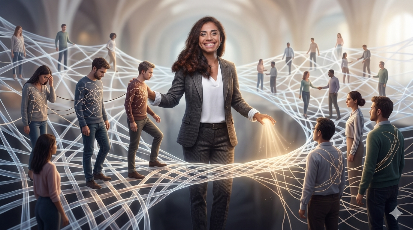 Psychologie Sociale : une femme d'affaires métisse aux cheveux longs et bouclés, vêtue de son tailleur-pantalon noir et chemisier blanc. Elle est au centre d'une vaste salle d'arcade et de colonnes floues, entourée d'un réseau lumineux et complexe de fils d'énergie et de lumière tridimensionnels. Ces fils tissés relient de nombreux petits individus et groupes d'employés et de managers (hommes et femmes) dans des poses de collaboration, d'échange et de discussion. Joeline, souriante et confiante, guide et tend les mains pour interagir avec le réseau, faisant briller certains filaments. Des individus dans le réseau travaillent ensemble de manière harmonieuse. L'image est une métaphore de son rôle de tisseuse de liens sociaux et d'experte en dynamique de groupe, créant des ponts entre les individus pour la collaboration et le changement.