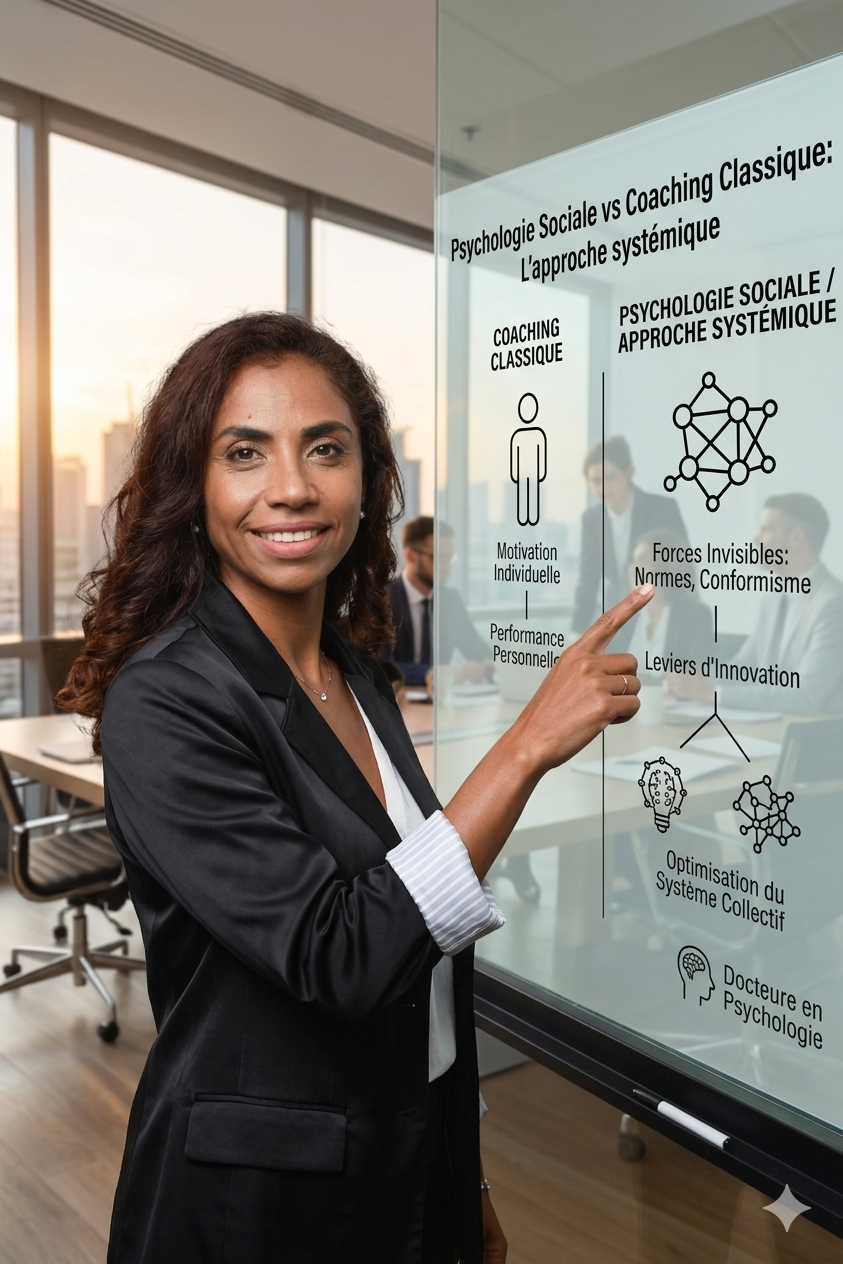 Le Dr Joéline Andriana pointant un schéma comparatif sur une paroi vitrée en salle de réunion. Le schéma oppose le coaching classique (motivation individuelle) à la psychologie sociale systémique (forces invisibles, normes, conformisme et leviers d'innovation). En bas du schéma, la mention "Docteure en Psychologie" souligne la rigueur scientifique de l'approche.