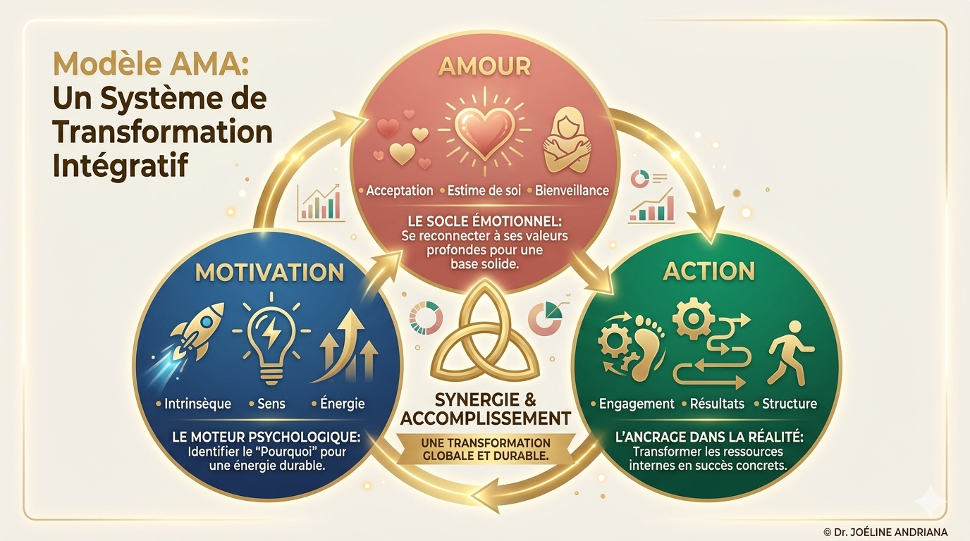 Infographie en format 16/9 présentant le Modèle AMA du Dr Joéline Andriana : un cycle de transformation intégratif reliant l'Amour (socle émotionnel), la Motivation (moteur psychologique) et l'Action (ancrage dans la réalité) pour une performance durable.
