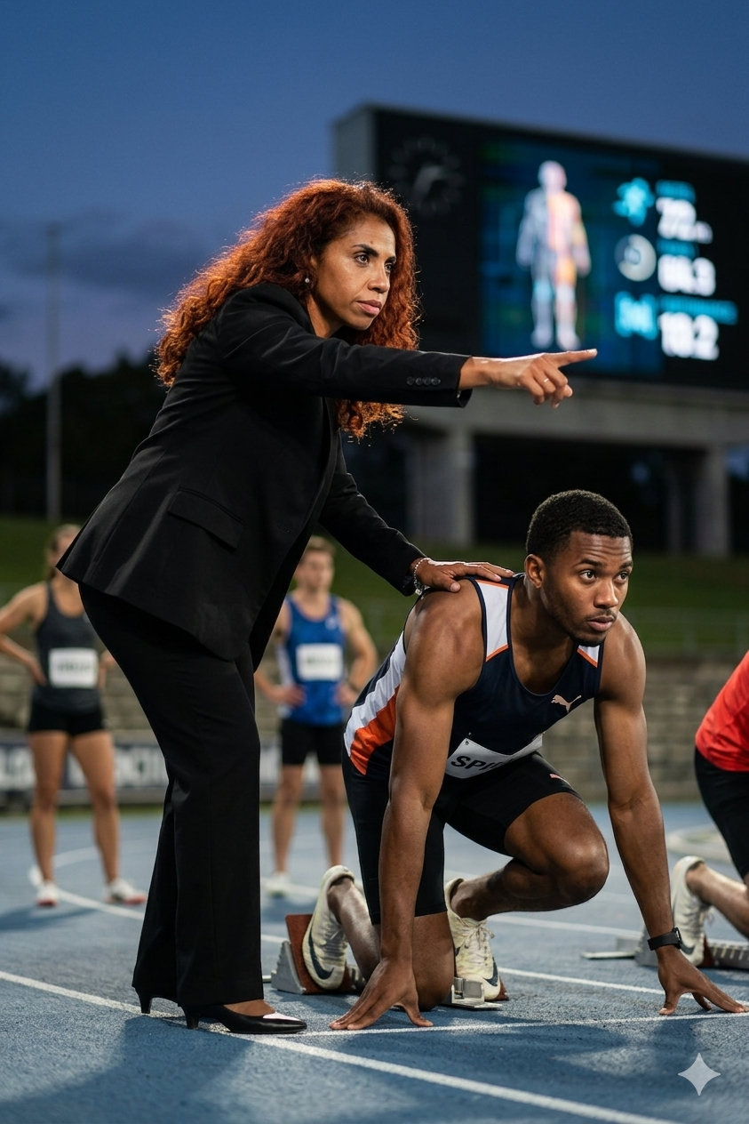 Le Dr Joéline Andriana sur le terrain : Expertise mentale au service des athlètes d'élite Le Dr Joéline Andriana, Docteure en Psychologie, prodiguant des conseils stratégiques à un sprinteur sur la ligne de départ. En arrière-plan, un écran de stade affiche des données de performance, illustrant l'alliance entre ingénierie humaine et succès athlétique.