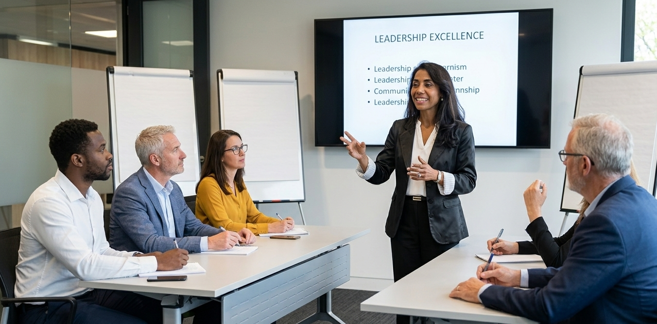 Joeline Andriana, experte en psychologie du leadership, debout devant un écran présentant "Leadership Excellence", enseignant à un groupe de cadres dans une salle de réunion moderne.