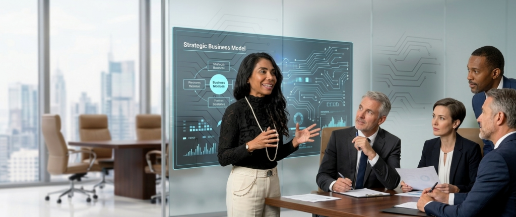 Leadership : Joeline Andriana souriante en tenue professionnelle dans un bureau de haut standing avec vue sur la ville. Elle incarne le mentorat exécutif et l'accompagnement des décideurs.