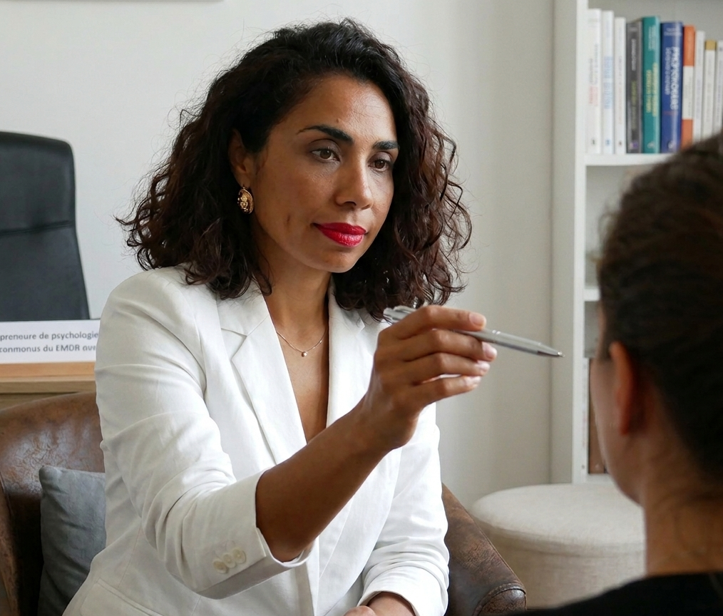 Plan serré du Dr Joéline Andriana, Docteure en Psychologie, en pleine séance de thérapie EMDR à Dax. Elle utilise un stylo pour effectuer les stimulations bilatérales alternées (mouvements oculaires) sur un patient (vu de dos), illustrant le processus de désensibilisation et de retraitement des traumatismes.